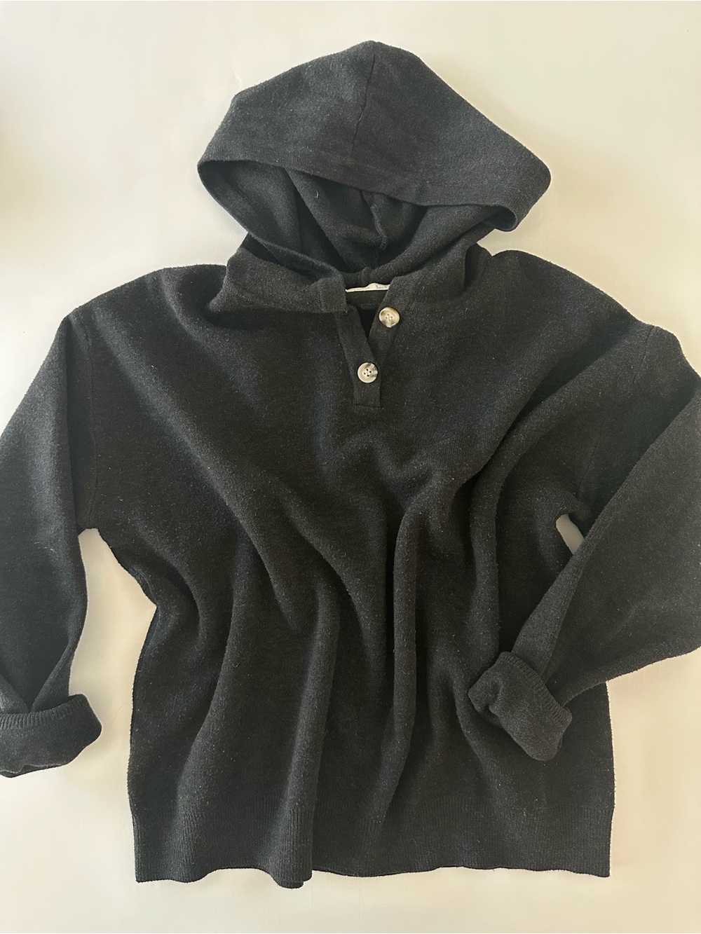 Black Hooded Knit Sweatshirt with Button Placket Size Small